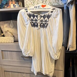 White Embroidered Peasant Blouse with Navy Yoke